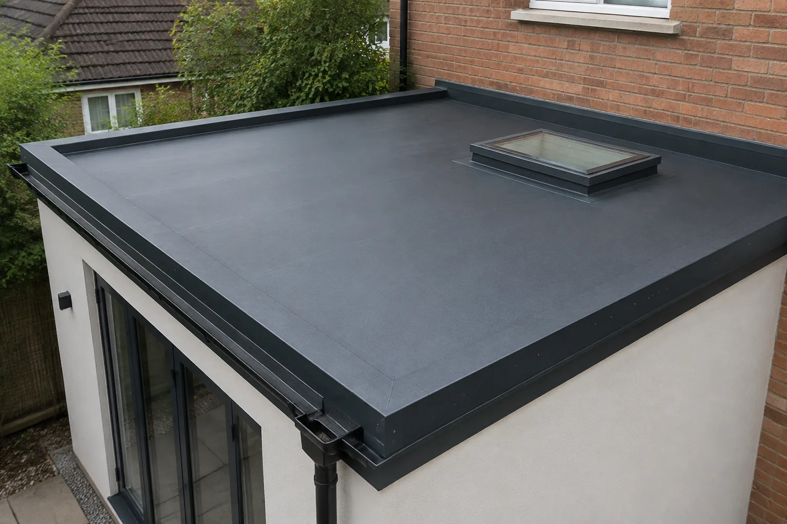 AI-generated concept image of a cleanly finished flat roof with a rooflight and drainage detail