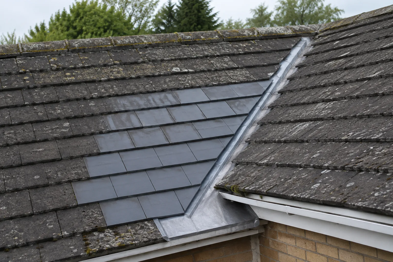 AI-generated concept image of a neatly repaired tiled roof valley with precise leadwork