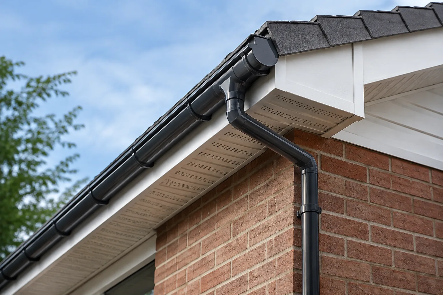 AI-generated concept image of neatly aligned fascia, ventilated soffit and guttering